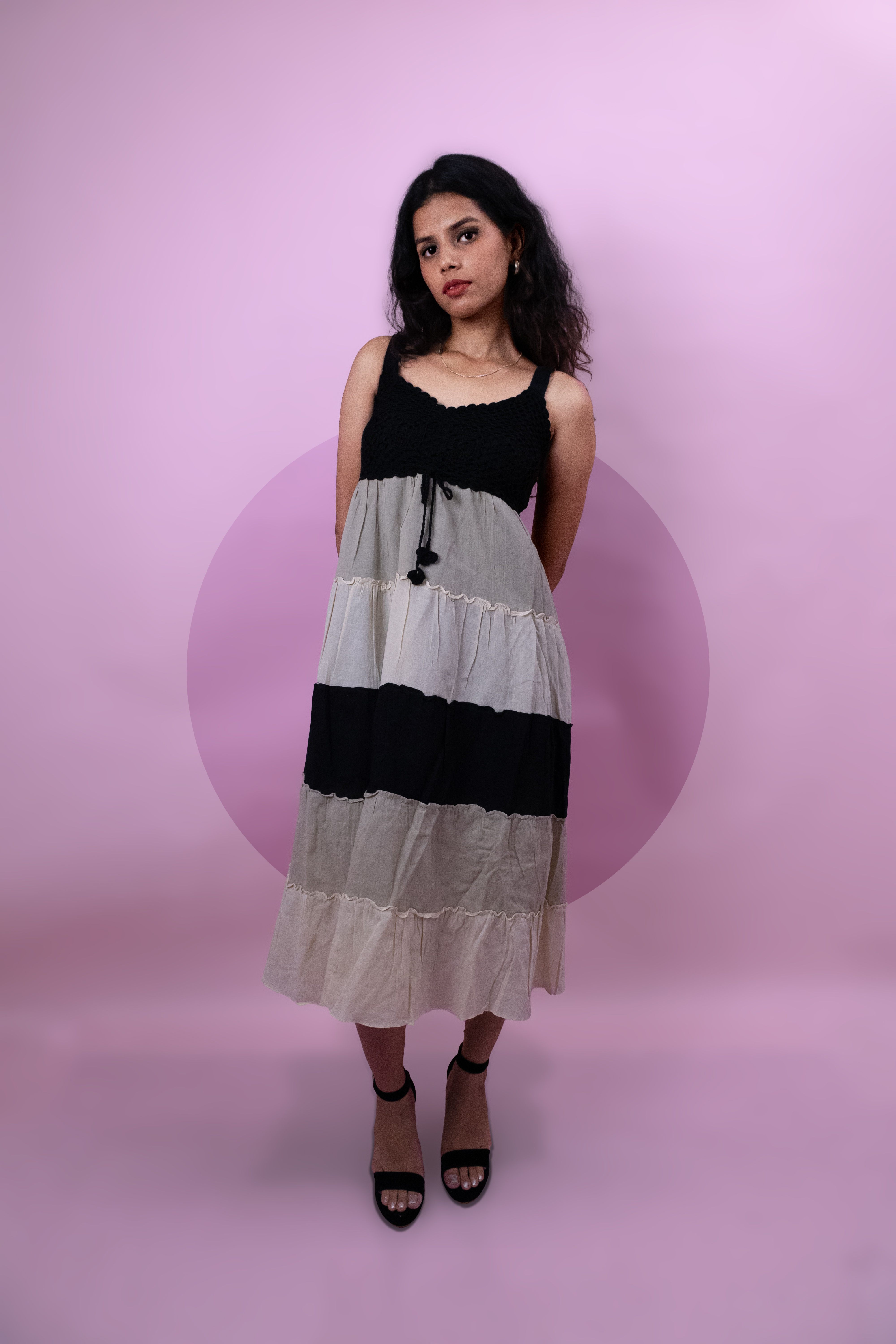 Women's Boho Tiered Midi Dress – Black & Beige | Free Size
