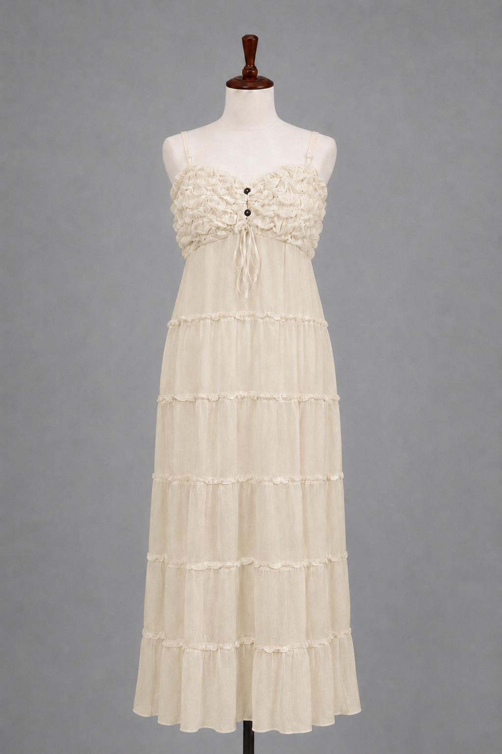 Cream Ruffle Tiered Midi Dress – Free Size