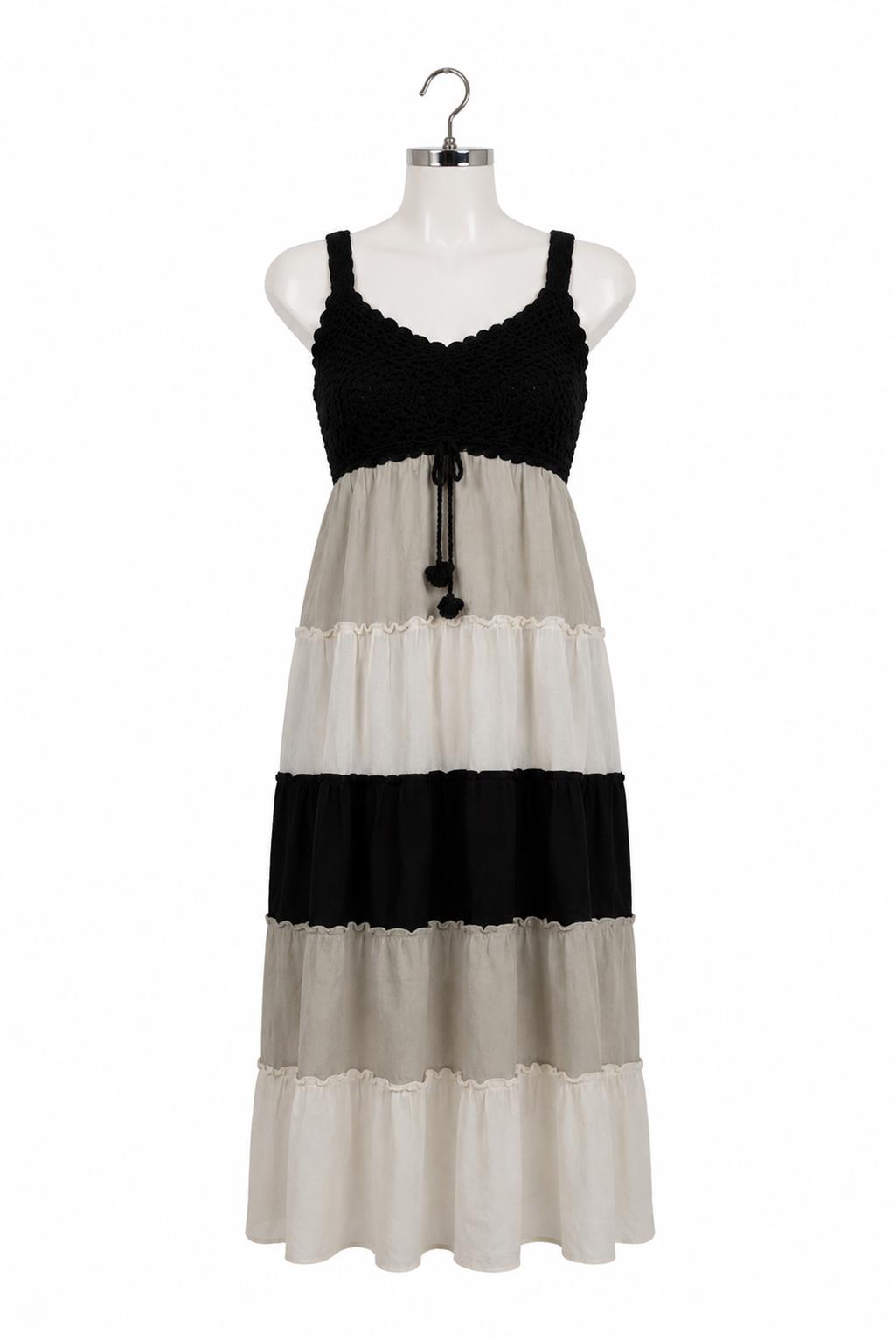 Women's Boho Tiered Midi Dress – Black & Beige | Free Size